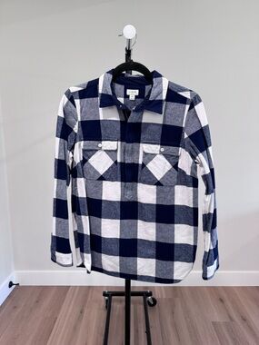 Like New J. Crew Flannel Buffalo Check Half-Zip Pullover, Navy and White